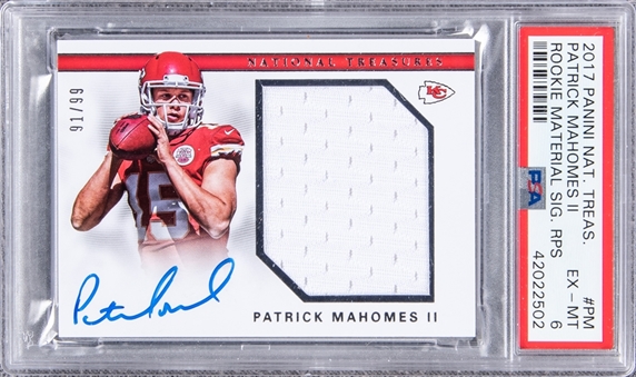 2017 Panini "National Treasures" Rookie Material Signatures #PM Patrick Mahomes II Signed Patch Rookie Card (#91/99) - PSA EX-MT 6